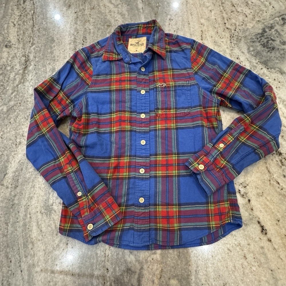 Hollister Y2K Plaid Flannel Shirt Button Down Blue Men's Size Medium Skater